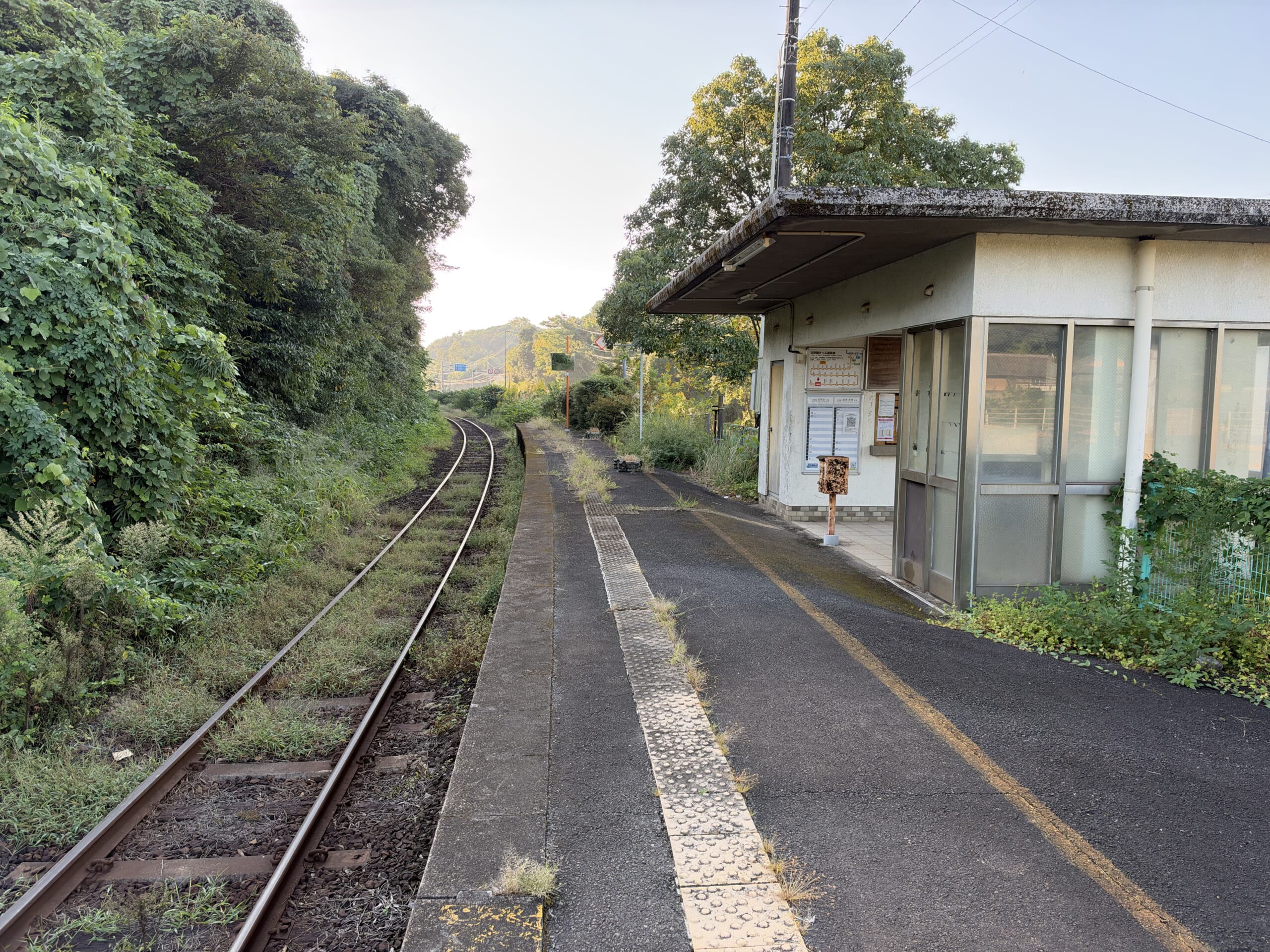 ホーム側から見た大隅夏井駅の駅舎と単線の線路